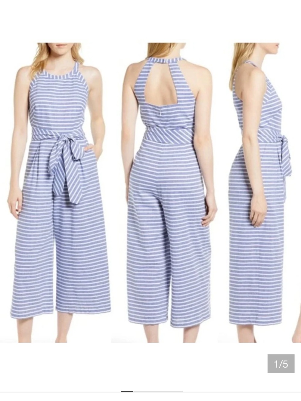 1901 sz12  Halter Jumpsuit with Tie Waist - Blue/White